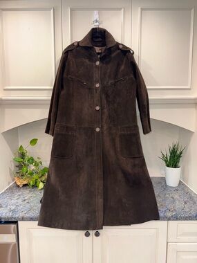 Full Length Vintage Women's Brown Suede Full Length Coat Military Style Trench